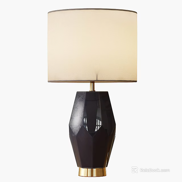 Modern Table Lamp With White Fabric Shade And Black Ceramic Geometric Base 3d model