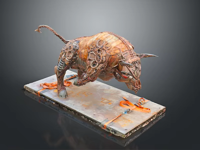 Leaping Industrial Bull Sculpture Crafted From Mechanical Gears Chains And Metal Base 3d model