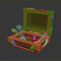 Open Orange Treasure Chest With Curved Keys Red Potion Blue Dagger And Tools