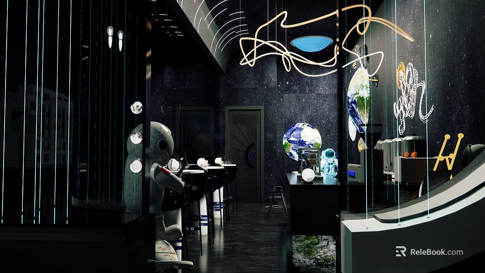 Modern Milk Tea Shop Interior With Space Theme Decor And Robot Ornaments 3d model 