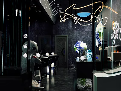 Modern Milk Tea Shop Interior With Space Theme Decor And Robot Ornaments 3d model