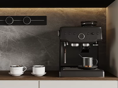 Modern Black Coffee Machine With Two White Cups On Wooden Kitchen Counter 3d model
