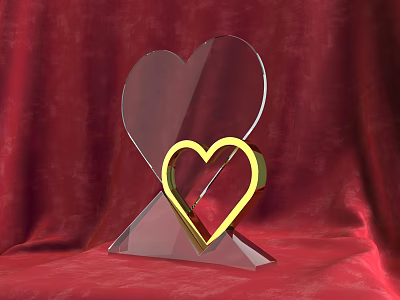 Transparent Glass Heart Shaped Trophy Medal with Gold Inner Heart on Red Fabric Background 3d model