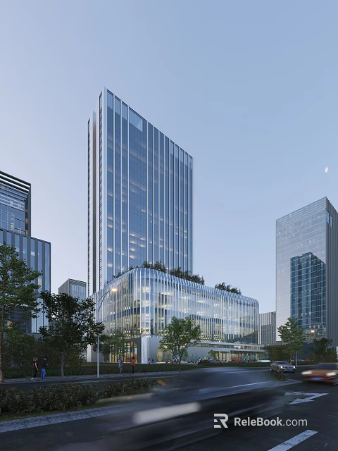 Modern Tall Office Building Featuring Glassy Facade Rooftop Greenery And Evening Lighting 3d model