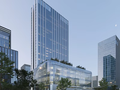 Modern Tall Office Building Featuring Glassy Facade Rooftop Greenery And Evening Lighting 3d model