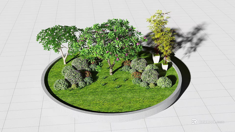 Stone Wood Garden Design With Circular Lawn And Various Trees Shrubs Green Grass 3d model 