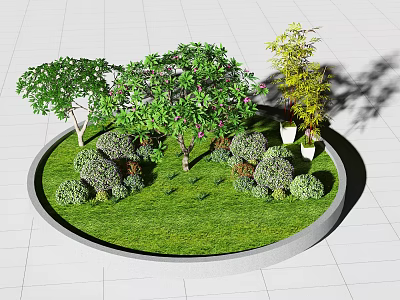 Stone Wood Garden Design With Circular Lawn And Various Trees Shrubs Green Grass 3d model