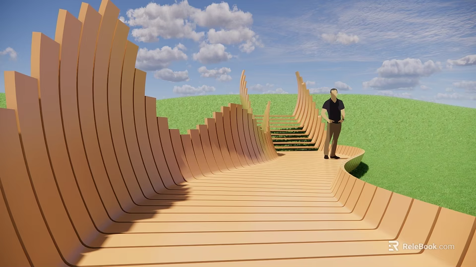 Modern Road Facilities With Curved Wooden Walkway Wavy Railings Green Grassland And Blue Sky 3d model 