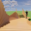 Modern Road Facilities With Curved Wooden Walkway Wavy Railings Green Grassland And Blue Sky