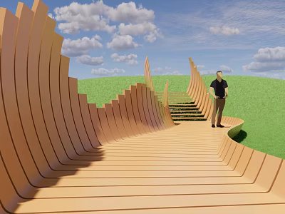 Modern Road Facilities With Curved Wooden Walkway Wavy Railings Green Grassland And Blue Sky 3d model