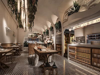 Charming Restaurant Interior With Hanging Plants Arched Ceiling Wooden Tables Bar Counter And Mosaic Floor 3d model