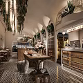 Charming Restaurant Interior With Hanging Plants Arched Ceiling Wooden Tables Bar Counter And Mosaic Floor