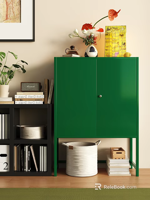 Stylish Green Cabinet With Bookshelf Books Plant And Decorative Items 3d model 
