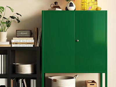 Stylish Green Cabinet With Bookshelf Books Plant And Decorative Items 3d model