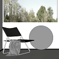 Modern Leisure Chair with Gray Blanket and Round Mirror by Window with Trees