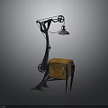 Industrial Style Floor Lamp With Metal Frame Gear Details And Wooden Storage Cabinet