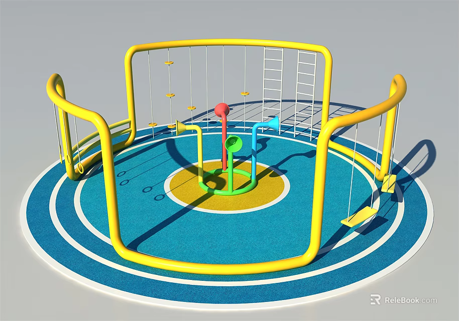 Colorful Circular Playground Equipment With Yellow Frame Climbing Ladder And Blue Play Area 3d model 