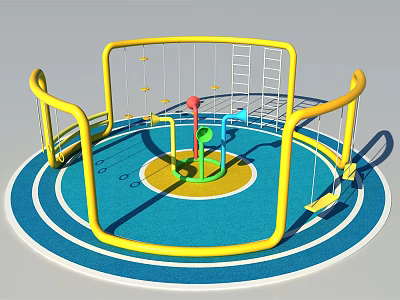 Colorful Circular Playground Equipment With Yellow Frame Climbing Ladder And Blue Play Area 3d model