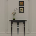 Elegant Dark Wood Console Table With Green Vase Flowers Branches And Framed Paintings