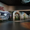 Modern Exhibition Hall With Curved Walls Large Screens Showing Fire Scene Trees And Oil Tank