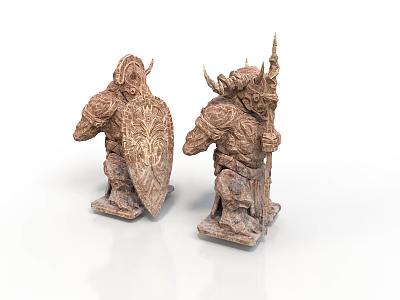 Male Warrior Statues with Intricate Armor Shield Spear and Carved Details 3d model