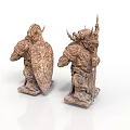 Male Warrior Statues with Intricate Armor Shield Spear and Carved Details
