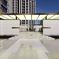 Modern Residential Entrance With Glass Canopy White Walls And High Rise Buildings