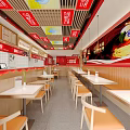 Modern Restaurant Interior Design With Red Banners Dining Tables Advertising Boards Counter And Trees
