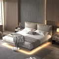 Modern Elegant Bedroom Interior With Platform Bed Headboard Wall Table Lamp Sofa And Area Rug