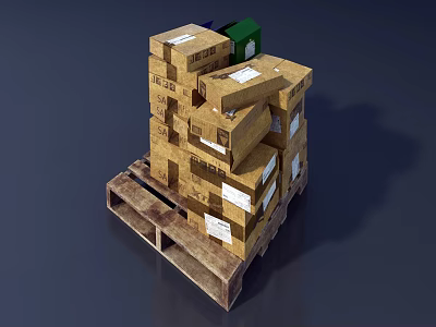 Industrial Equipment Storage With Stacked Green Cardboard Boxes On Wooden Pallet 3d model