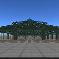 European-style Architecture With Green Metal Structure Decorative Roof And Ornate Carvings On Plaza Paved Ground