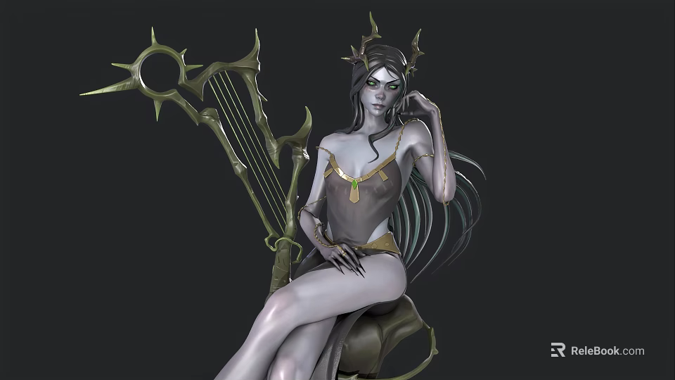 Fantasy Woman Sitting With Ornate Crown And Decorative Harp In Dark Background 3d model 