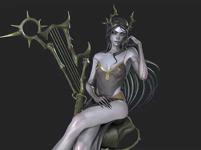 Fantasy Woman Sitting With Ornate Crown And Decorative Harp In Dark Background 3d model