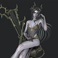 Fantasy Woman Sitting With Ornate Crown And Decorative Harp In Dark Background