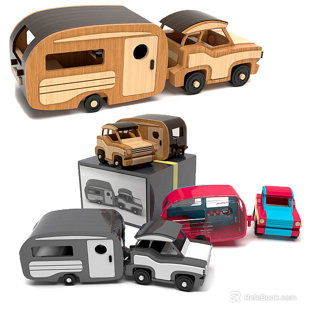 Electric Kids Toys Wooden RV Truck and Colorful Cars with Open Doors and Wheels 3d model 