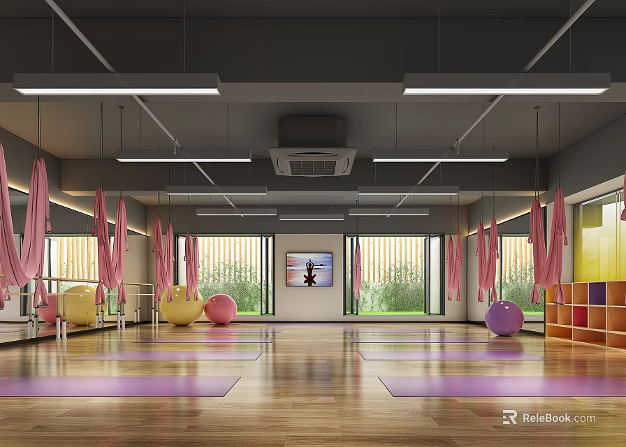 Yoga Fitness Studio with Purple Mats Pink Curtains Exercise Balls Wooden Floor and TV Screen 3d model 