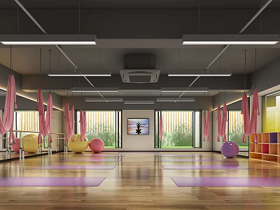 Yoga Fitness Studio with Purple Mats Pink Curtains Exercise Balls Wooden Floor and TV Screen 3d model