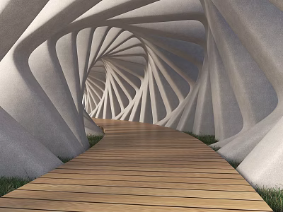 Architectural Spiral Pergola with Intricate Curved Structure and Wooden Walkway 3d model