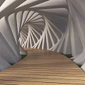 Architectural Spiral Pergola with Intricate Curved Structure and Wooden Walkway