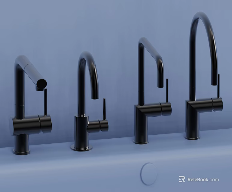 Modern Black Faucets Featuring Various Designs Displayed On Blue Surface 3d model