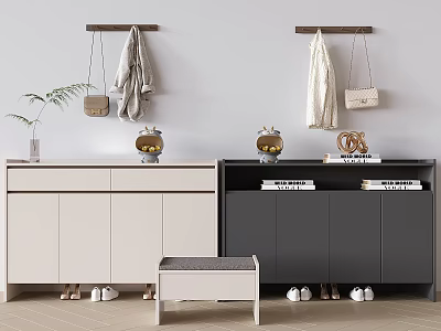 Modern Two Tone Shoe Cabinet Interior With Bench Decorative Items And Wall Hangers 3d model