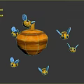 Yellow Honeycomb Structure Surrounded by Flying Small Bees with Blue Wings