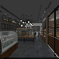 Cozy Bakery Interior With Brick Walls Glass Display Cases Hanging Lights and Fresh Pastries