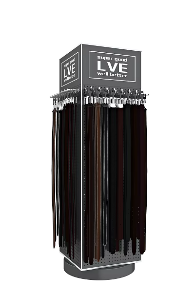 Vertical Display Rack with Multiple Rows of Hanging Black and Brown Leather Belts 3d model