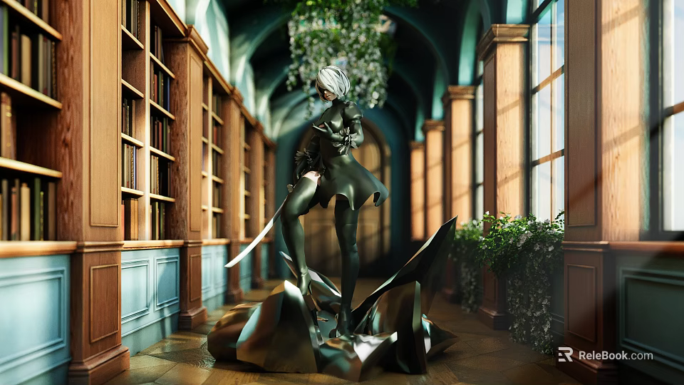 Cartoon Scene Of Silver Haired Female Character Holding Swords In Library With Bookshelves Green Plants 3d model 