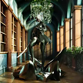 Cartoon Scene Of Silver Haired Female Character Holding Swords In Library With Bookshelves Green Plants