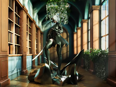 Cartoon Scene Of Silver Haired Female Character Holding Swords In Library With Bookshelves Green Plants 3d model