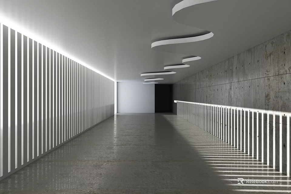 Modern Office Corridor Interior With Curved Ceiling Lights Vertical Slat Walls And Polished Floors 3d model 