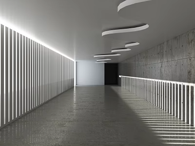 Modern Office Corridor Interior With Curved Ceiling Lights Vertical Slat Walls And Polished Floors 3d model
