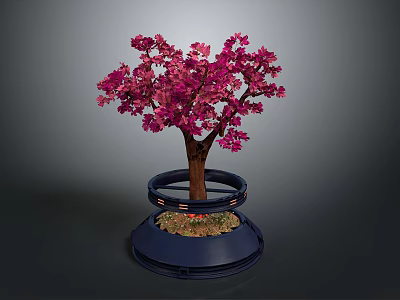 Decorative Tree With Pink Blossoms On Blue Circular Base And Ring Structure 3d model